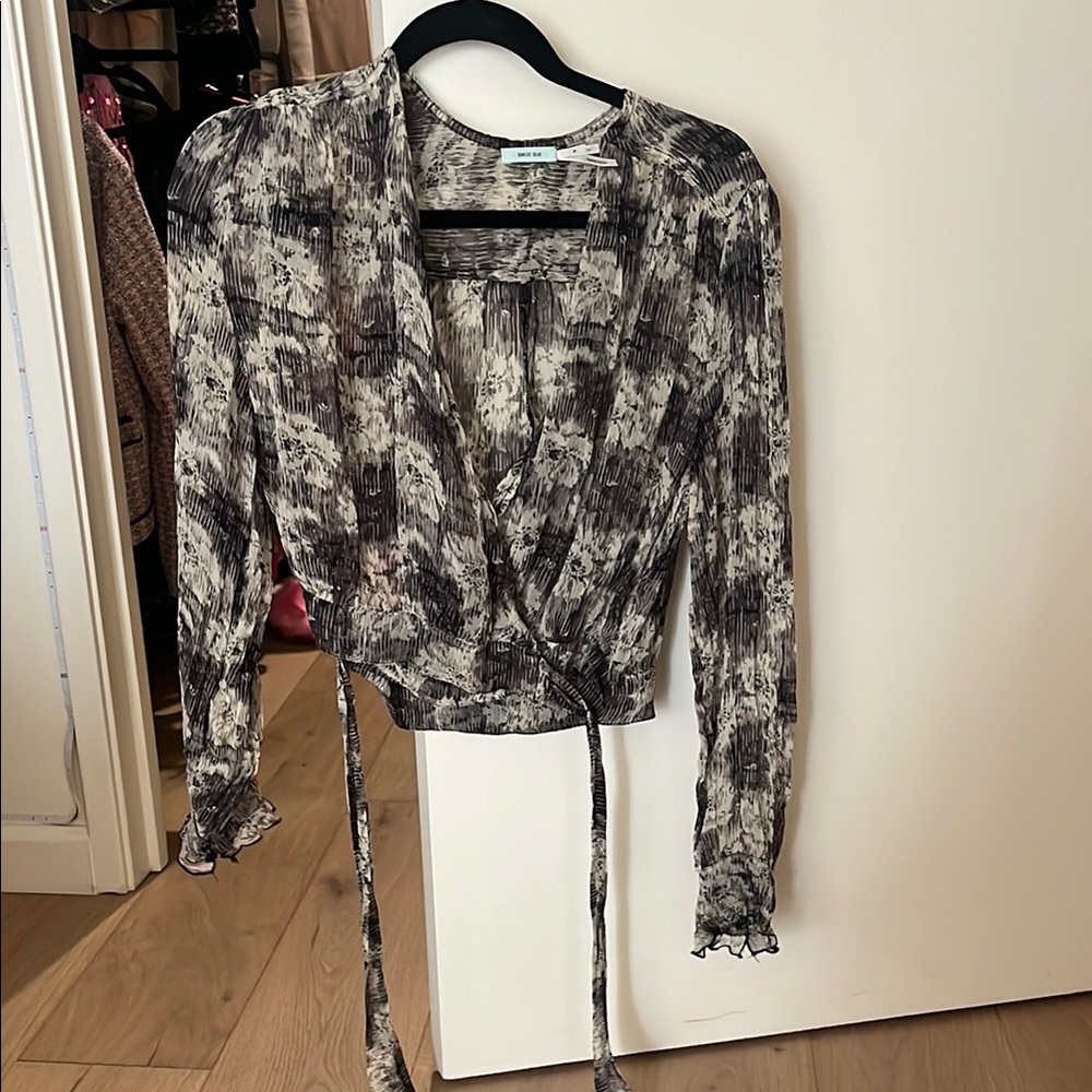 Black and White Wrap Blouse with Long Sleeves